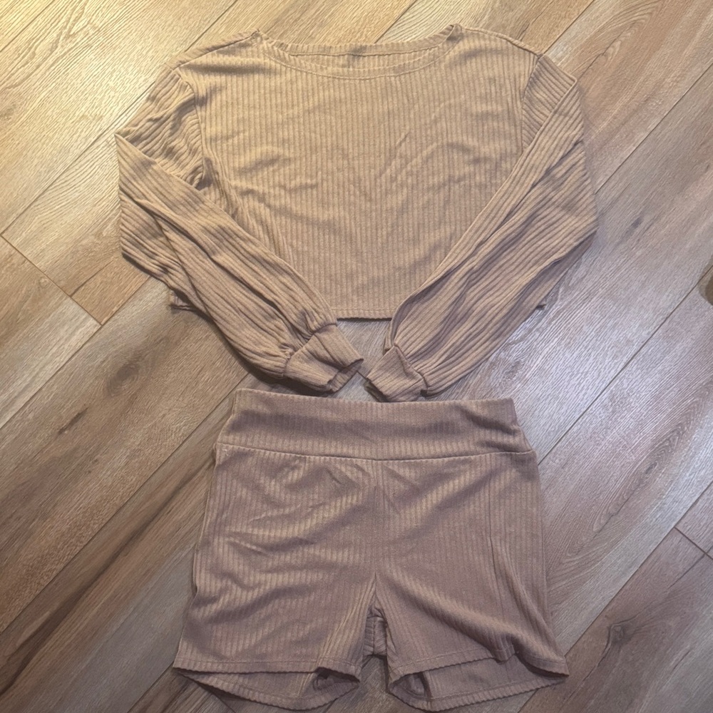 Tan Ribbed Long Sleeve and Shorts Set